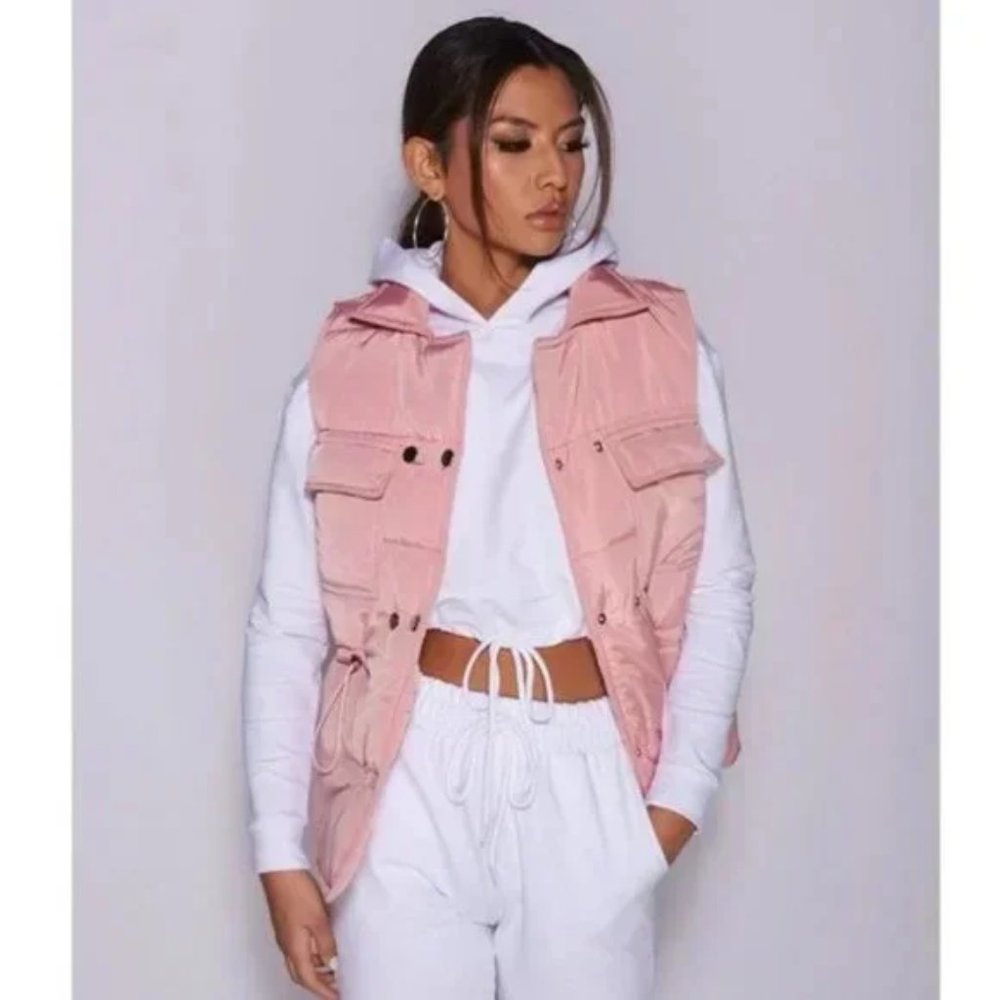 Pink Sleeveless Collared Double Breasted Padded Puffer Jacket Vest Gilet - Picture 10 of 16
